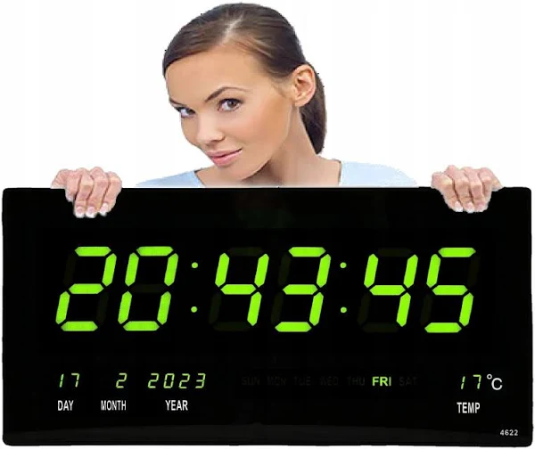 Zegar Cyfrowy Zielony Duży i Czytelny Na Ścianę XXL Termometr Data Led