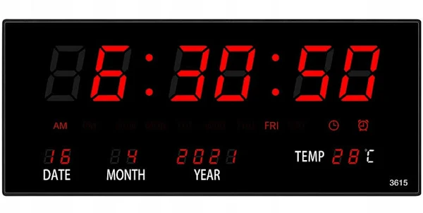 Zegar Ścienny Elektroniczny Cyfrowy Duży Led Cichy Temperatura Data 36cm