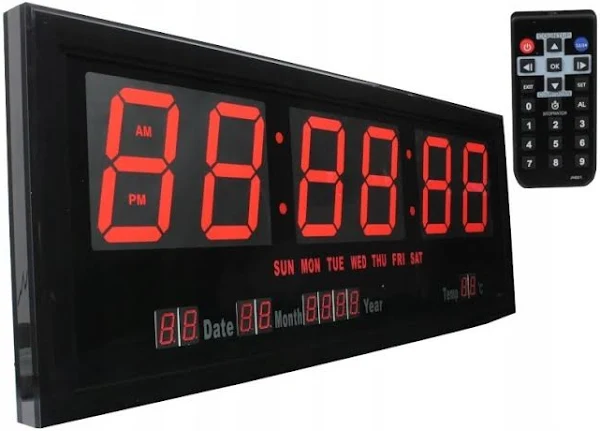 Duży Zegar Ścienny Elektroniczny 68cm Cichy Temperatura Data Z Pilotem Led