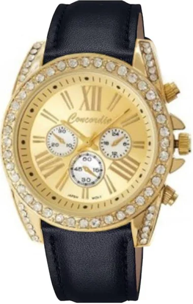 SAXO Modny złoty damski zegarek z cyrkoniami czarny pasek Concordia CDBA37-3