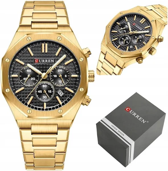 zegarek męski Curren Victor stalowy złoty datownik Box +grawer