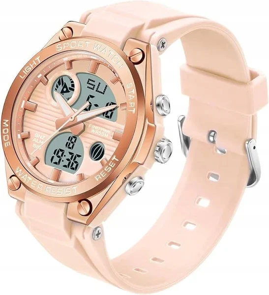 Damski Zegarek Cyfrowy Analogowy Sport Wodoodporny Led Stoper Alarm Różowy