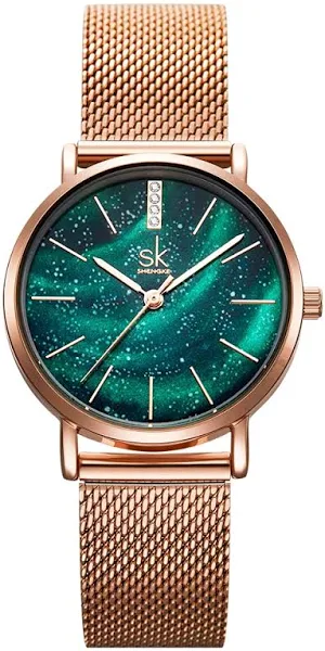 Shengke zegarki damskie gwiaździsta zielona tarcza pasek z siatki damski zegarek na rękę ultracienki pasek ze stali nierdzewnej kwarcowy prezent