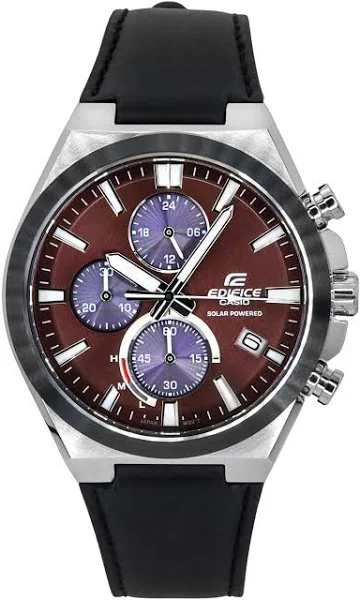 Casio Edifice Analog Chronograph Skórzany Pasek Burgundowa Tarcza Solarny Zegarek Męski EQS-950BL-5A 100M