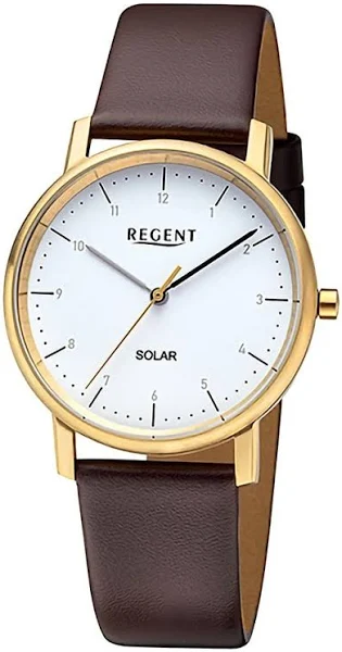 Damski zegarek solarny Regent z analogowym skórzanym paskiem w kolorze ciemnobrązowym URF1555