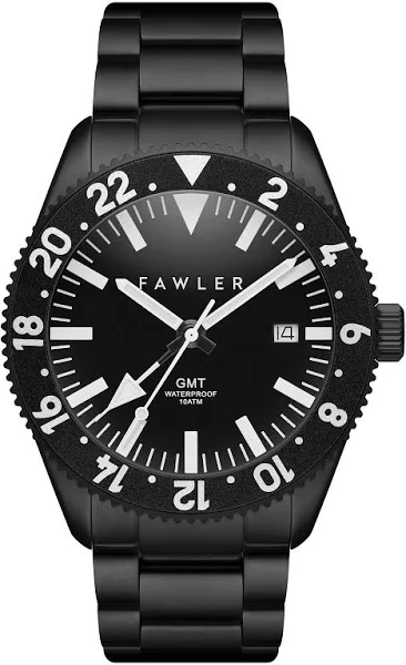 Fawler Métier Czarny zegarek ze stali nierdzewnej z funkcją GMT