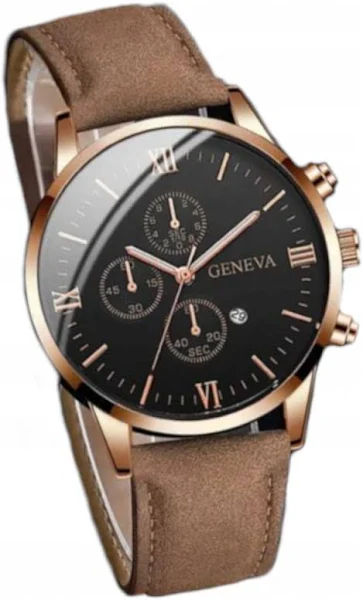Zegarek męski Geneva brązowy Datownik + Bransoletki GRATIS!