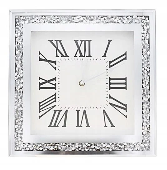 srebrny Zegar ścienny lustrzany glamour cyrkonie