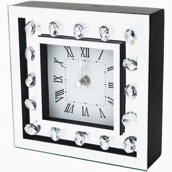 Zegar Lustrzany Z Dużymi Kryształkami Glamour Srebrny Dekoracja