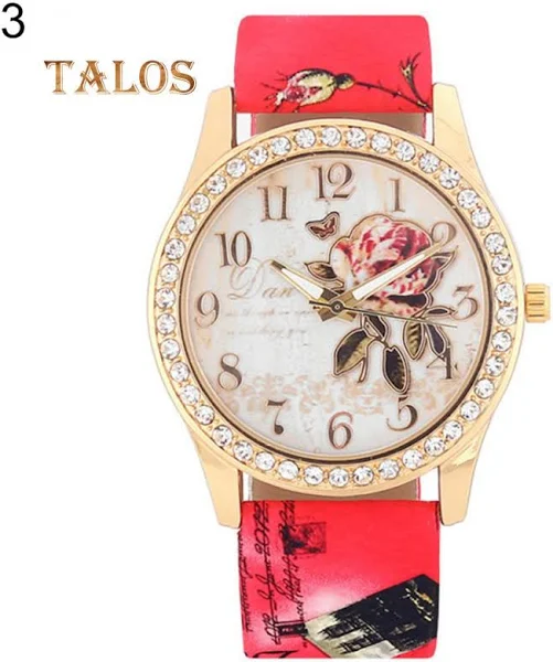 Fency K Damski zegarek Kwarcowy z kryształowym kamieniem Rose Pattern Kwarcowy zegarek na rękę