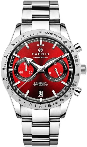 Parnis 40mm czerwona tarcza kwarcowy z chronografem męski zegarek ze stalowy pasek nierdzewnej