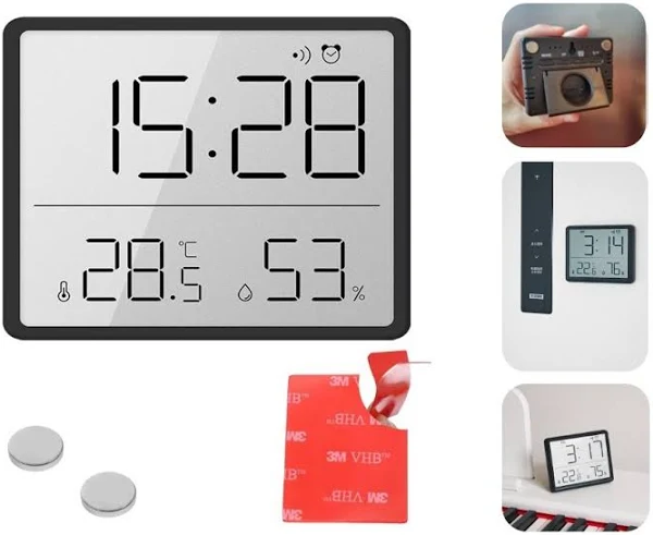 Zegarek na lodówkę ścianę temp wilgotność czarny magnesy taśma dwustronna