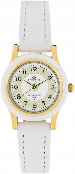 Złoty dziecięcy zegarek z białym paskiem Perfect LP195-033