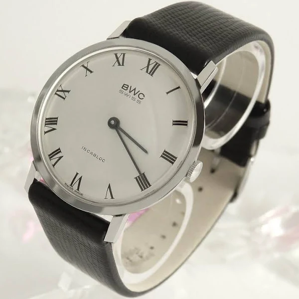 Bwc Płaski zegarek na rękę Vintage Stal nierdzewna Skórzany pasek