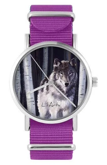 Zegarek - Biały wilk - amarant, nylonowy