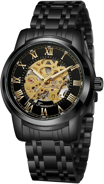 T-winner mechaniczny męski zegarek Skeleton koło zamachowe wodoodporny drążą pasek ze stali