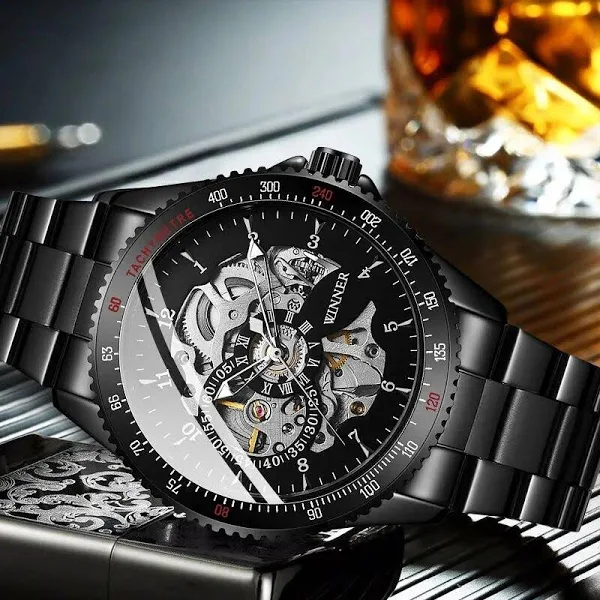 Winner Glass Skeleton Dial Automatyczny zegarek Czarny świecący wodoodporny zegarek mechaniczny ze stali nierdzewnej Montre Homme