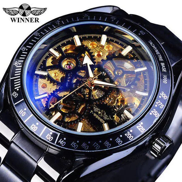 T-winner Męskie zegarki mechaniczne Automatyczny wiatr Czarny złoty bransoletka z zegarem szkieletowym dla mężczyzn