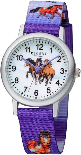 Regent Zegarek dla dzieci zegarek dla dziewczynki z motywem konia pasek tekstylny cyfry arabskie aluminium kwarcowy