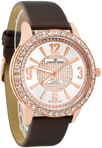 Królewski Damski Zegarek Jordan Kerr Na Skórzanym Pasku Z Niesamowitą Tarczą W Kolorach Srebrnym Wykończony Różnej Wielkości Kryształkami