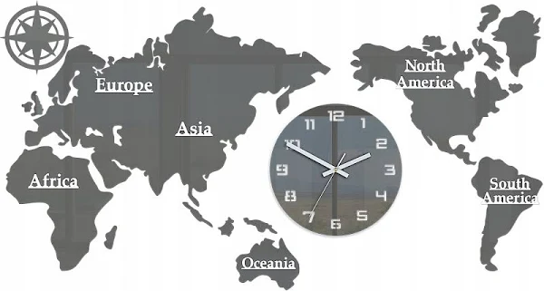 Zegar Mapa Świata 110x55 Duży Nowoczesny cichy 3D