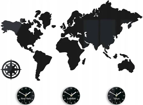 Duzy Zegar Ścienny Mapa Świata 100x56 Czarna NEW!