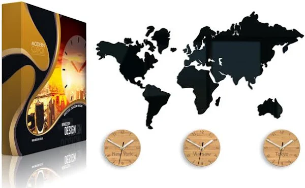 Duży zegar ścienny Mapa Świata 3D STREFY CZASOWE
