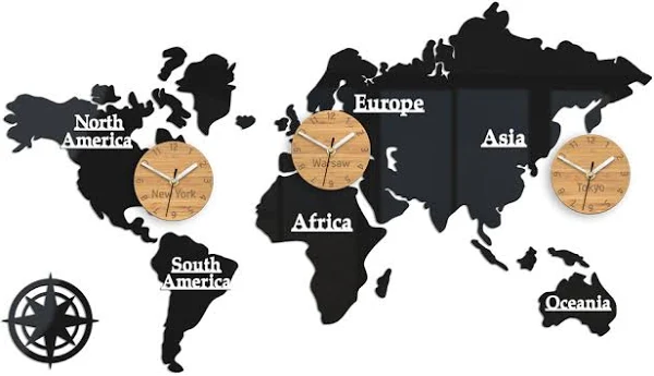 Zegar Ścienny Mapa Świata 3 Strefy Czasowe 100x56