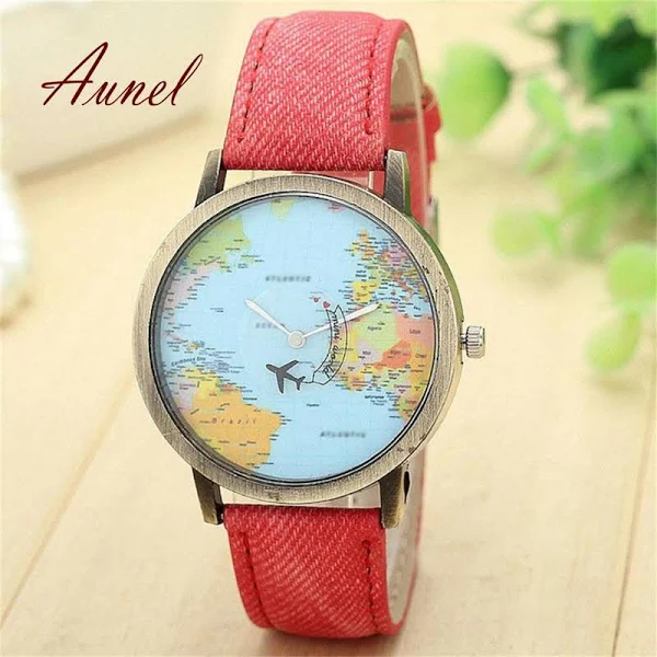 Leadwo Mężczyźni Kobiety Denim Band Samolot Mapa Świata Dial Analogowy Zegarek Kwarcowy