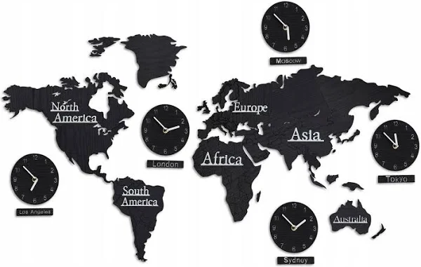 Relaxdays Drewniana mapa świata z 5 zegarkami, 10 tabliczek miejskich, mapa świata 3D, z szablonem, wys. x szer.: 61 x 113 cm, czarna, 1 sztuka