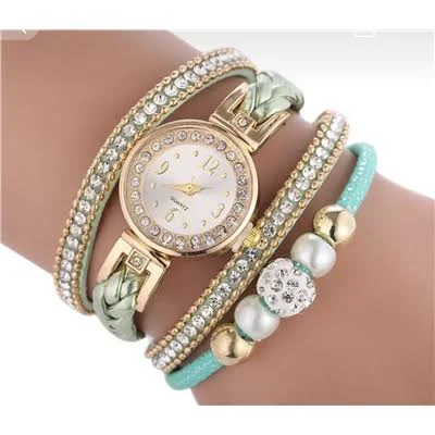 Zegarek ZŁoty Z ZielonĄ BransoletkĄ, Pasek Owijany