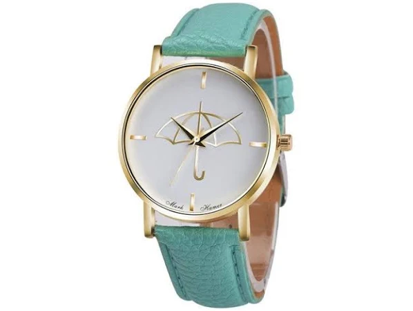 ZŁOTY ZEGAREK PARASOLKA MIĘTOWY PASEK RETRO