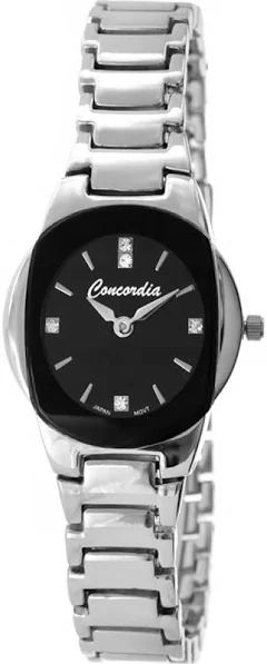 SAXO Srebrny klasyczny damski zegarek z bransoletą czarna tarcza Concordia CONCORDIA CDBA34