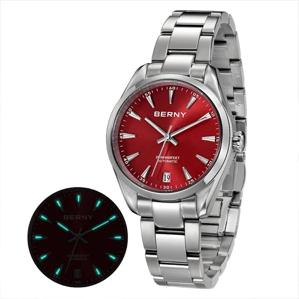 BERNY zegarek damski automatyczny mechaniczny w całości ze stali nierdzewnej szafirowe eleganckie