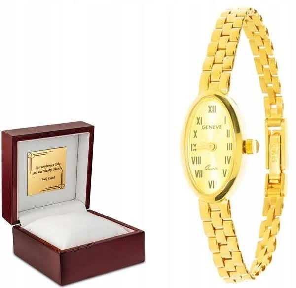 Złoty Zegarek Owalny Geneve Próba 585 Możliwość Graweru Na Kopercie