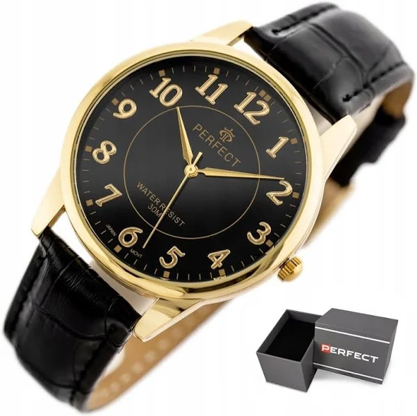 Zegarek Męski Perfect Lary +box +grawer cyfry klasyczny czarny skórzany