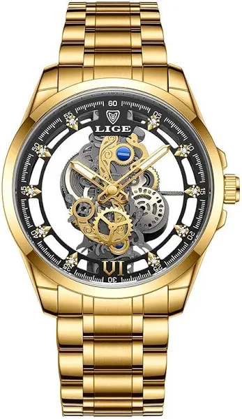 LIGE nowy męski zegarek szkieletowy zegarek kwarcowy złoty retro męski zegarek Top marka