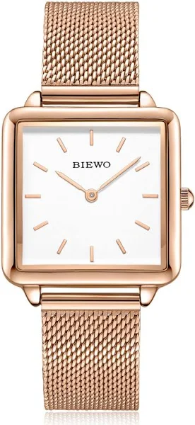 BIEWO Kwadratowy zegarek na rękę dla kobiet kwarcowy analogowy zegarek damski z paskiem z siatki ze stali nierdzewnej