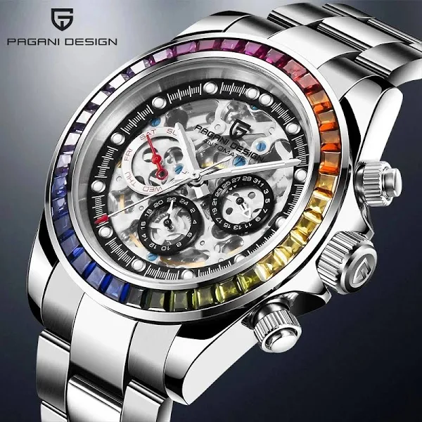 PAGANI DESIGN męski szkielet automatyczny mechaniczny nakręcany zegarek ze stali nierdzewnej