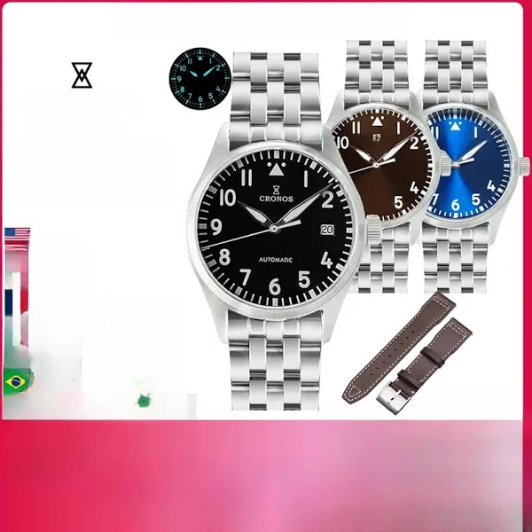 Cronos Pilot Flieger mechaniczny męski zegarek 39mm Super szafirowy