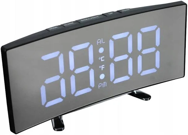 Zegar Cyfrowy Elektroniczny Stojący Budzik Lustro Led Termometr Data Alarm