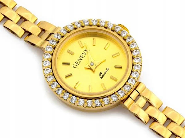 Elegancki złoty zegarek 585 damski okrągły zdobiony cyrkoniami