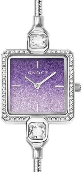 Kwadratowy zegarek na bransoletce z fioletową brokatową tarczą można spersonalizować za pomocą zawieszek