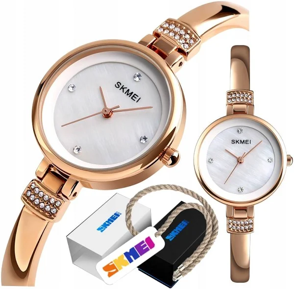 MAŁY ELEGANCKI ZEGAREK DAMSKI SKMEI ZŁOTY CYRKONIE BRANSOLETKA ORYGINAŁ