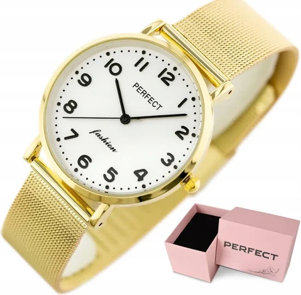 Perfect zegarek damski TINA cyfry bransoletka mesh złoty +BOX +GRAWER
