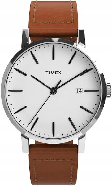 Zegarek męski wodoodporny Timex stalowy na brązowym pasku data