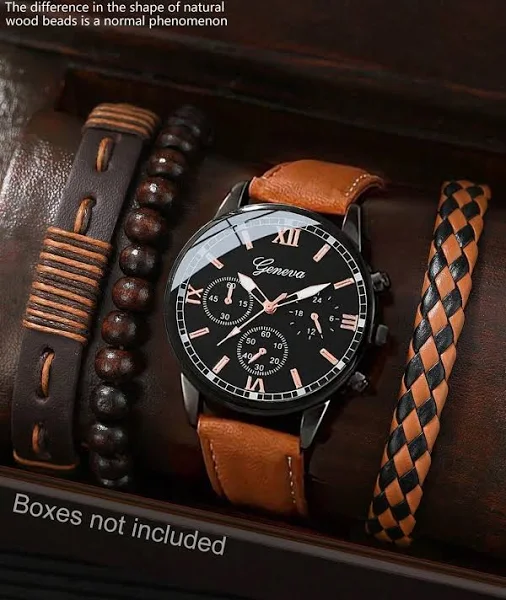 Zegarek męski 1 szt. męski brązowy pasek PU Casual Quartz Watch i 3 szt. bransoletek Zestaw zegarków dla mężczyzn Boże Narodzenie