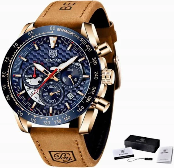Srebrny Zegarek Męski Na Skórzanym Pasku Benyar Sporotwy Chronograf Pudełko