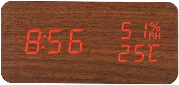 Zegar Budzik Drewniany Led Elektroniczny Cyfrowy Stojący Termometr Data