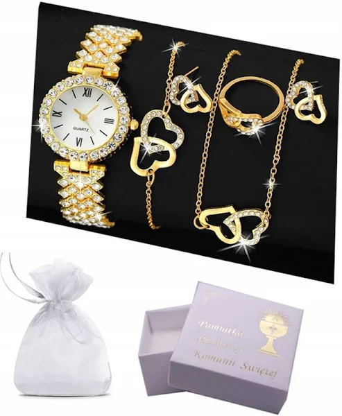 Zegarek Kryształki Komunia Serca Komplet XL Biżuteria Pudełko C3309